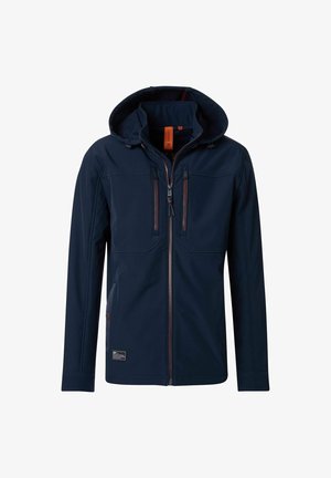 Marineblaue Softshell-Jacke mit Kapuze, ausgestattet mit orangefarbenen Reißverschlussakzenten und zwei Brusttaschen. Glatte Textur, figurbetonter Schnitt und verstellbare Bündchen.