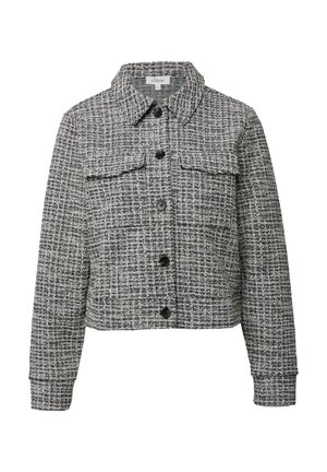 Zwart-wit geruite blousejack met kraag, lange mouwen en twee klepzakken op de borst, cropped pasvorm.