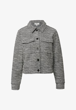 Schwarz-weiß karierte Jacke zum Knöpfen mit Kragen, langen Ärmeln und zwei aufgesetzten Brusttaschen mit Klappen, kurz geschnitten.