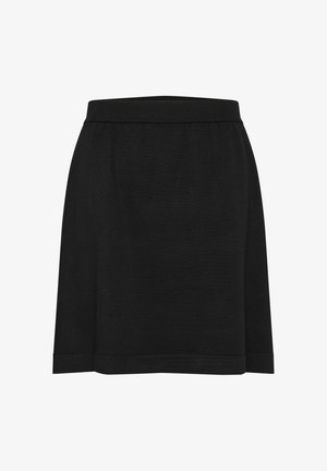 Melnā A-veida svārki, izgatavoti no mīksta auduma, ar platu elastīgu jostasvietu un tīru apdari apakšmalā, piemēroti ikdienas valkāšanai.