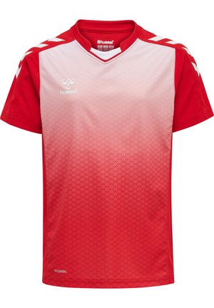 Rotes Sporttrikot mit kurzen Ärmeln, das einen Farbverlauf von hellrot zu dunkelrot aufweist. Mit V-Ausschnitt, Hummel-Logo und weißen Chevron-Akzenten an den Schultern.