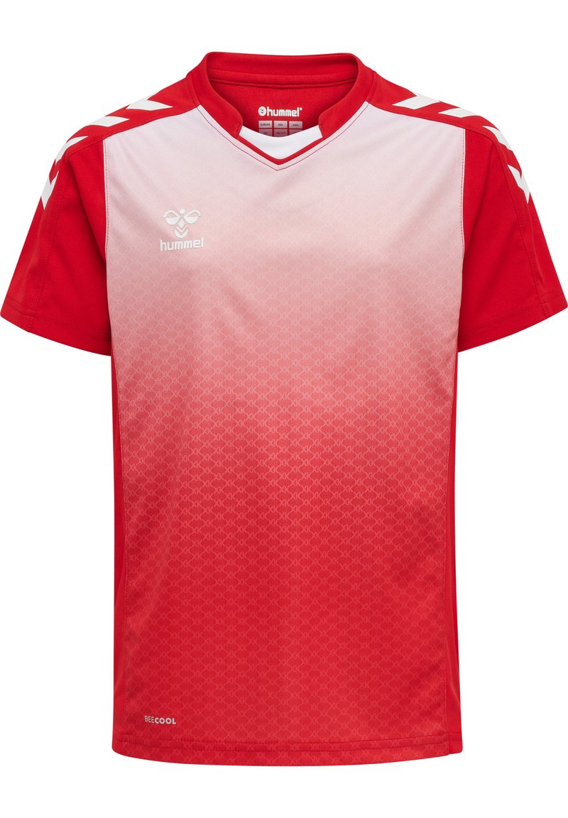 Rotes Sporttrikot mit kurzen Ärmeln, das einen Farbverlauf von hellrot zu dunkelrot aufweist. Mit V-Ausschnitt, Hummel-Logo und weißen Chevron-Akzenten an den Schultern.