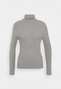 Grau gerippter Rollkragenpullover mit langen Ärmeln und enganliegender Passform. Hergestellt aus strukturiertem Stoff, mit hohem Kragen und flachem Saum.