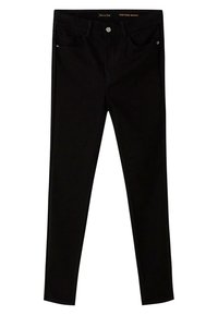 Jean skinny noir taille haute avec poches avant et fermeture à boutons, présenté à plat sur fond blanc.