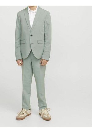 Niño con un traje verde claro con botones negros, camisa blanca con cuello y zapatillas beige, de pie contra un fondo claro.