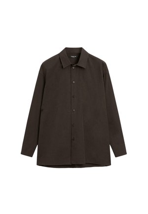 Dunkelbraunes Langarmhemd aus glattem Stoff. Verfügt über eine Button-Down-Front, einen Punktkragen und eine lockere Passform mit einer Seitentasche.