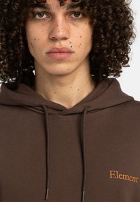 Hoodie marron en tissu doux avec cordons de serrage, arborant un logo "Element" orange sur la poitrine. Design simple et minimal.