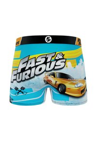 Shorts bleus présentant le texte "Fast & Furious", un graphisme de voiture jaune et des motifs abstraits. Ceinture élastique noire avec logo.