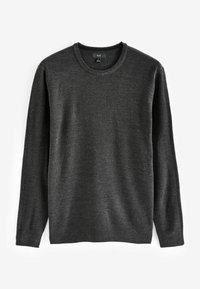 Mørkegrå sweater med lange ærmer, rund hals og ribbede manchetter. Fremstillet af et blødt, tekstureret stof. Enkel, klassisk design uden mønstre.