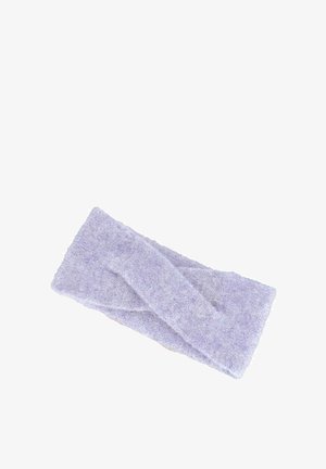 Soft, light purple knitted headband with a twisted knot design, laid flat on a white background.