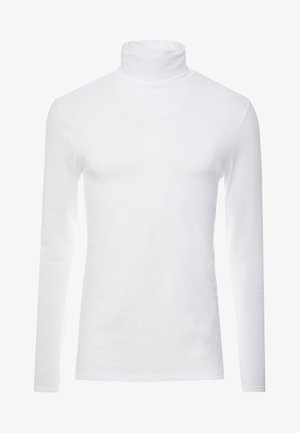 White long-sleeve turtleneck shirt made of soft, stretchy fabric. Features a high collar and fitted design, providing a streamlined silhouette.