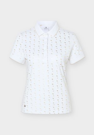 Valkoinen lyhythihainen poolopaita, jossa vaalean kultainen martiniglasikuosi, napillinen kauluslista ja pieni logo helman lähellä.