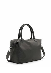 Donkere grijze shopper van glad materiaal met dubbele leren handvatten en een afneembare schouderriem. Ritssluiting aan de bovenkant.