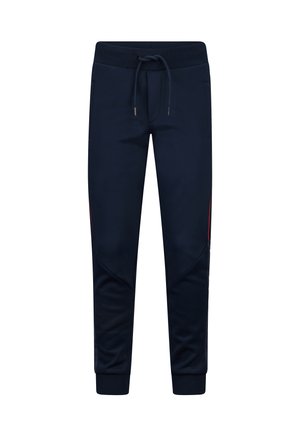 Marineblauwe sweatpants van zacht materiaal, met een trekkoord in de taille, zijzakken, geribbelde boorden en rode accentstrepen aan de zijkanten.