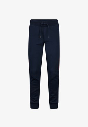 Marineblaue Jogginghosen aus weichem Stoff, mit einem Kordelzugbund, seitlichen Taschen, gerippten Bündchen und roten Akzentstreifen an den Seiten.