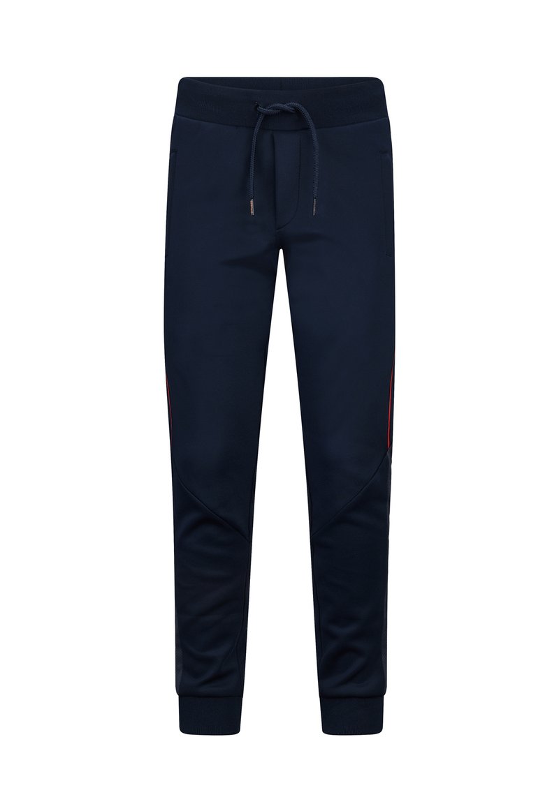 Marineblaue Jogginghosen aus weichem Stoff, mit einem Kordelzugbund, seitlichen Taschen, gerippten Bündchen und roten Akzentstreifen an den Seiten.