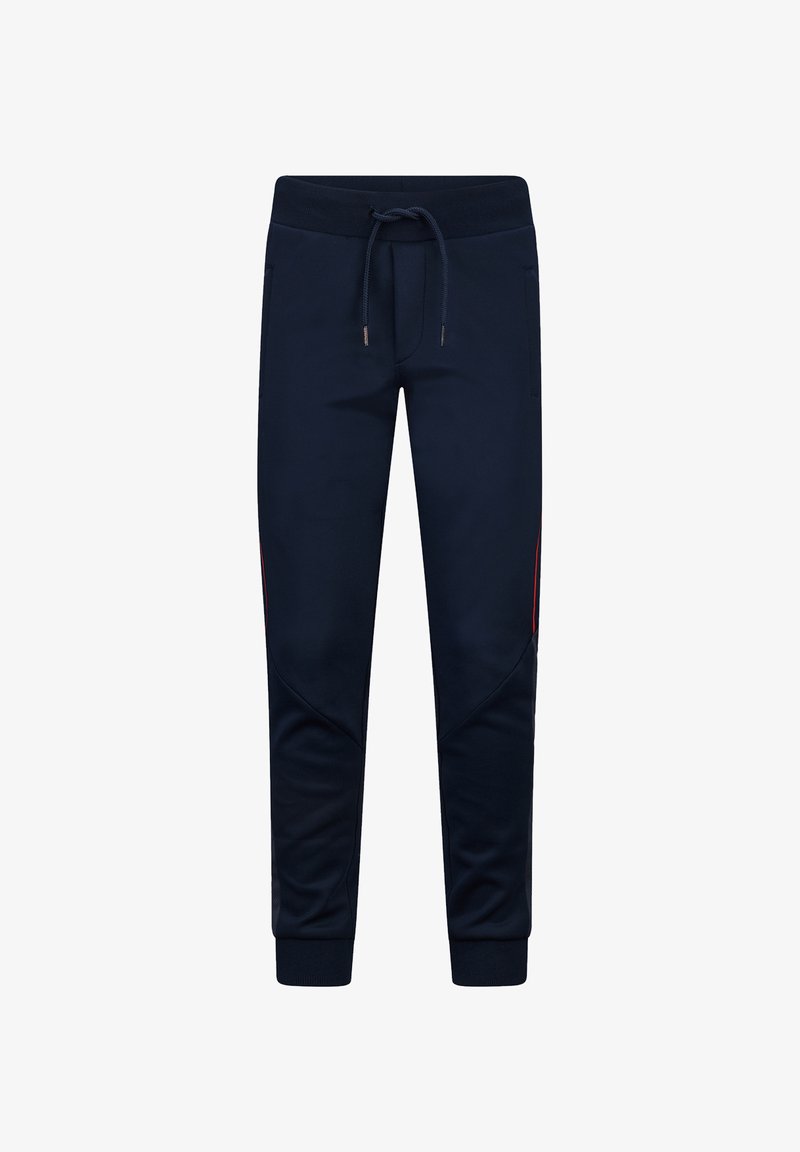 Marineblauwe sweatpants van zacht materiaal, met een trekkoord in de taille, zijzakken, geribbelde boorden en rode accentstrepen aan de zijkanten.