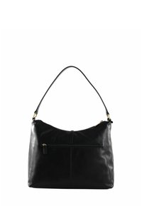 Sac à main en cuir noir avec une forme courbée, fermeture zippée sur le dessus, poche zippée à l'avant, et une bandoulière plate avec des ferrures dorées.