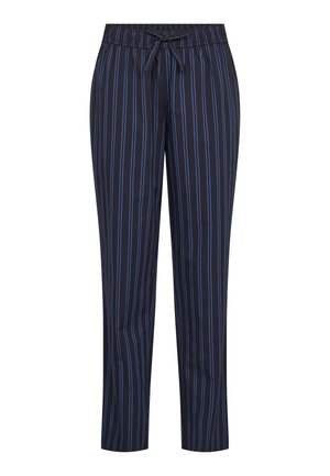 Marinebukser med lodrette blå striber, lavet af letvægtsstof. Har en elastisk talje med snøre for justerbar pasform.