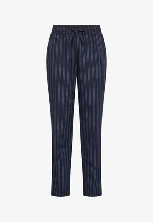 Marinebukser med lodrette blå striber, lavet af letvægtsstof. Har en elastisk talje med snøre for justerbar pasform.