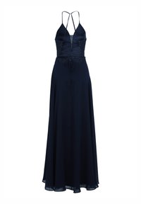 Robe de soirée bleu marine avec un bodice ajusté, bretelles spaghetti réglables et jupe fluide. Présente des détails brodés à la taille.