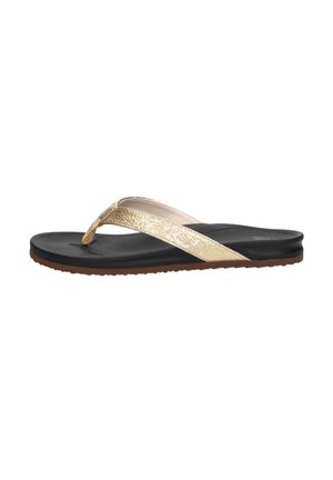 Zwarte flip-flop met een glanzende gouden band, voorzien van een textuurdesign, platte zool en rubberen zool voor grip.