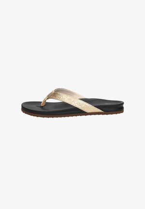 Zwarte flip-flop met een glanzende gouden band, voorzien van een textuurdesign, platte zool en rubberen zool voor grip.