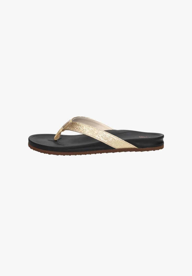 Black flip-flop with a shiny gold strap, featuring a textured design, flat sole, and rubber outsole for grip.