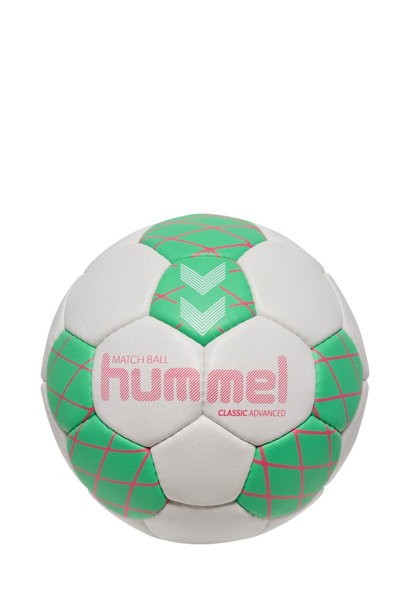 Pallamano bianca e verde con pannelli esagonali, caratterizzata da motivi a griglia rosa e marchio "hummel CLASSIC ADVANCED". Texture liscia.