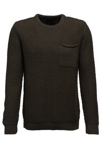 Maglione verde scuro con motivo testurizzato, collo rotondo, maniche lunghe e una piccola tasca sul petto. Polsini e orlo a costine.