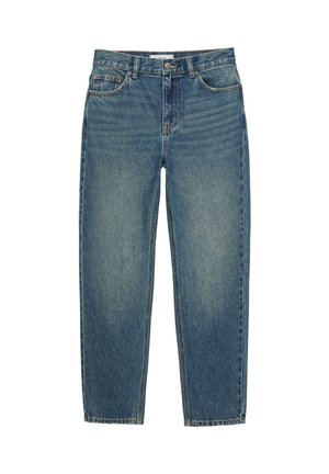 Jeans di denim blu con vita alta, bottone e zip frontali, passanti per cintura e design a cinque tasche.