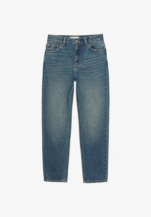 Niebieskie dżinsy z denimu z wysokim stanem, z przodu zapięcie na guzik i zamek błyskawiczny, szlufki na pasek i pięciokieszeniowy fason.