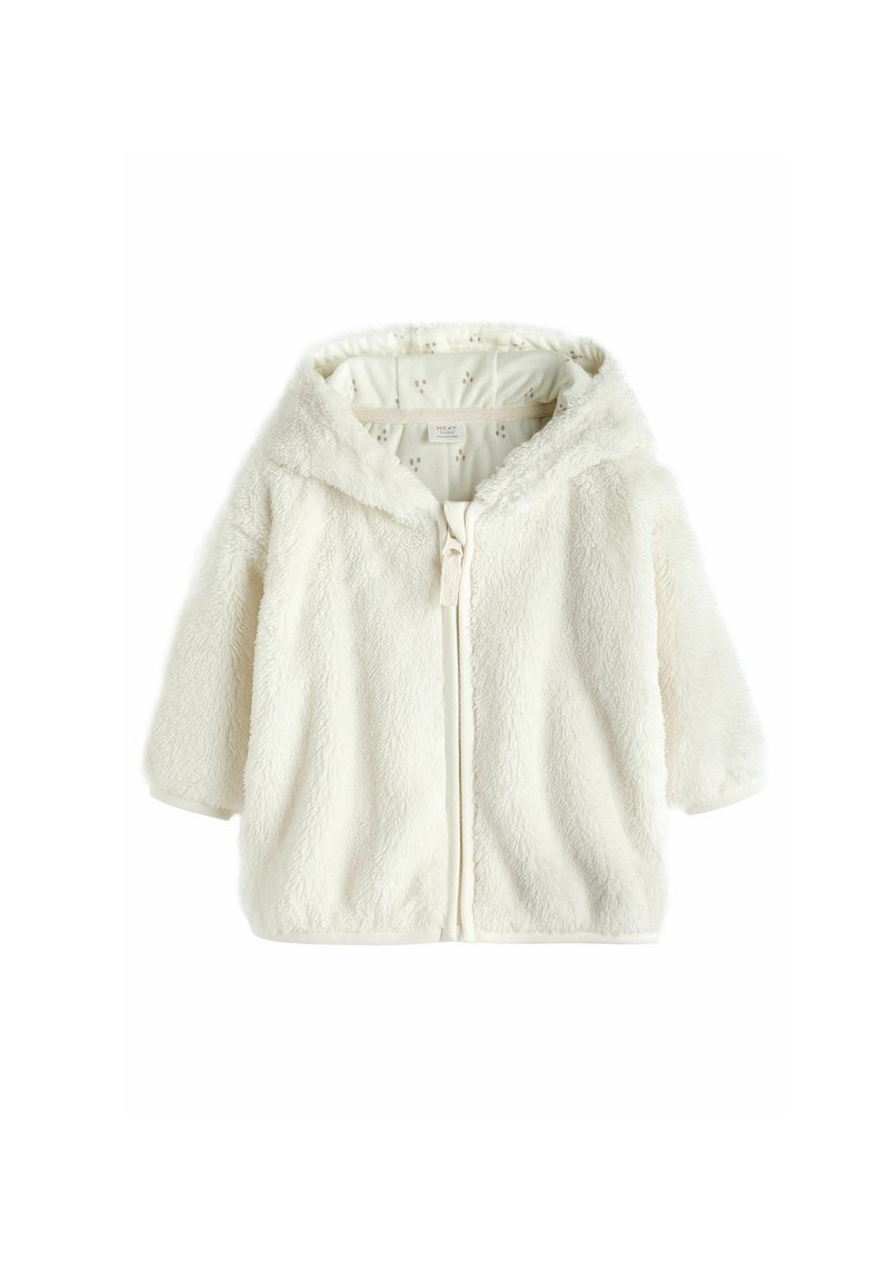 Weißer Fleece-Hoodie mit Reißverschluss, weicher Textur und einem gemusterten Innenfutter. Hat kurze Ärmel und ein gemütliches Design.