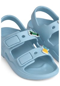Ελαφρώς γαλάζια λαστιχένια σανδάλια με δύο ρυθμιζόμενους ιμάντες και διακοσμητικά στοιχεία: ένα πράσινο αυτοκίνητο και έναν κίτρινο ανανά. Υφή στο πέλμα.