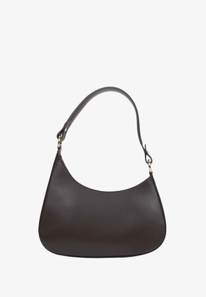 Brązowa skórzana torba na ramię o zaokrąglonym kształcie i pojedynczym pasku. Posiada złote okucia oraz gładką, matową fakturę.