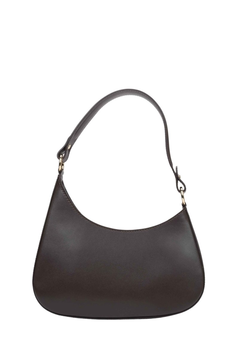 Brązowa skórzana torba na ramię o zaokrąglonym kształcie i pojedynczym pasku. Posiada złote okucia oraz gładką, matową fakturę.