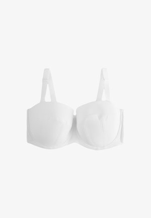 Soutien-gorge blanc à coque moulée avec bretelles réglables et armatures, conçu pour le modelage et le maintien.