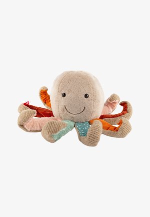 Peluche pieuvre douce avec une tête beige, un visage souriant et des tentacules texturés multicolores aux tons orange, rose, bleu et beige.
