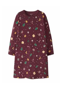 Bordowa sukienka z długim rękawem, na której znajduje się powtarzający się wzór bożonarodzeniowych choinek, prezentów, płatków śniegu i lasek cukrowych w różnych kolorach.