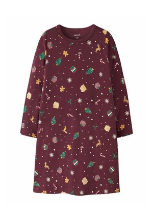 Bordowa sukienka z długim rękawem, na której znajduje się powtarzający się wzór bożonarodzeniowych choinek, prezentów, płatków śniegu i lasek cukrowych w różnych kolorach.