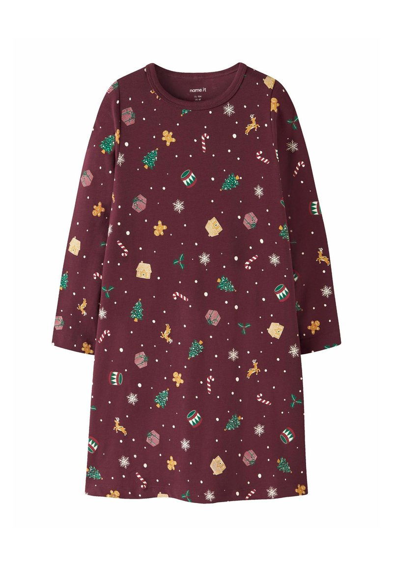 Bordowa sukienka z długim rękawem, na której znajduje się powtarzający się wzór bożonarodzeniowych choinek, prezentów, płatków śniegu i lasek cukrowych w różnych kolorach.