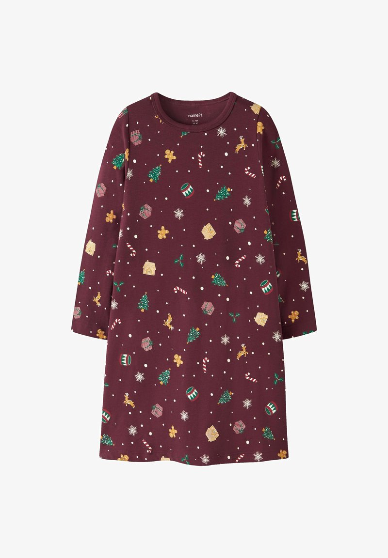 Bordowa sukienka z długim rękawem, na której znajduje się powtarzający się wzór bożonarodzeniowych choinek, prezentów, płatków śniegu i lasek cukrowych w różnych kolorach.