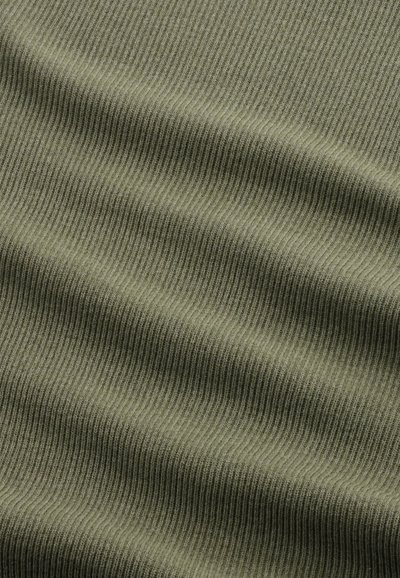 Tessuto khaki a costine, con una superficie testurizzata caratterizzata da linee parallele che creano un sottile motivo a onda. Materiale morbido e stretch.