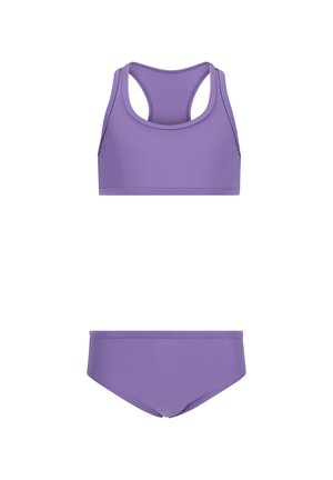 To-delt lilla badedragt med raceryback-top og mid-rise underdel, designet til aktiv brug ved svømning.