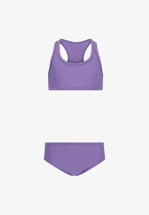 Maillot de bain deux pièces violet avec un haut dos nageur et un bas taille moyenne, conçu pour une utilisation active.