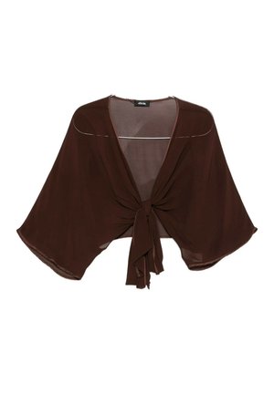 Bruine transparante cropped blouse met wijde mouwen en voorstriksluiting, getoond op een hanger tegen een witte achtergrond.