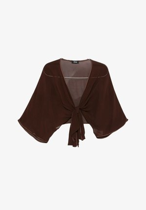 Bruine transparante cropped blouse met wijde mouwen en voorstriksluiting, getoond op een hanger tegen een witte achtergrond.