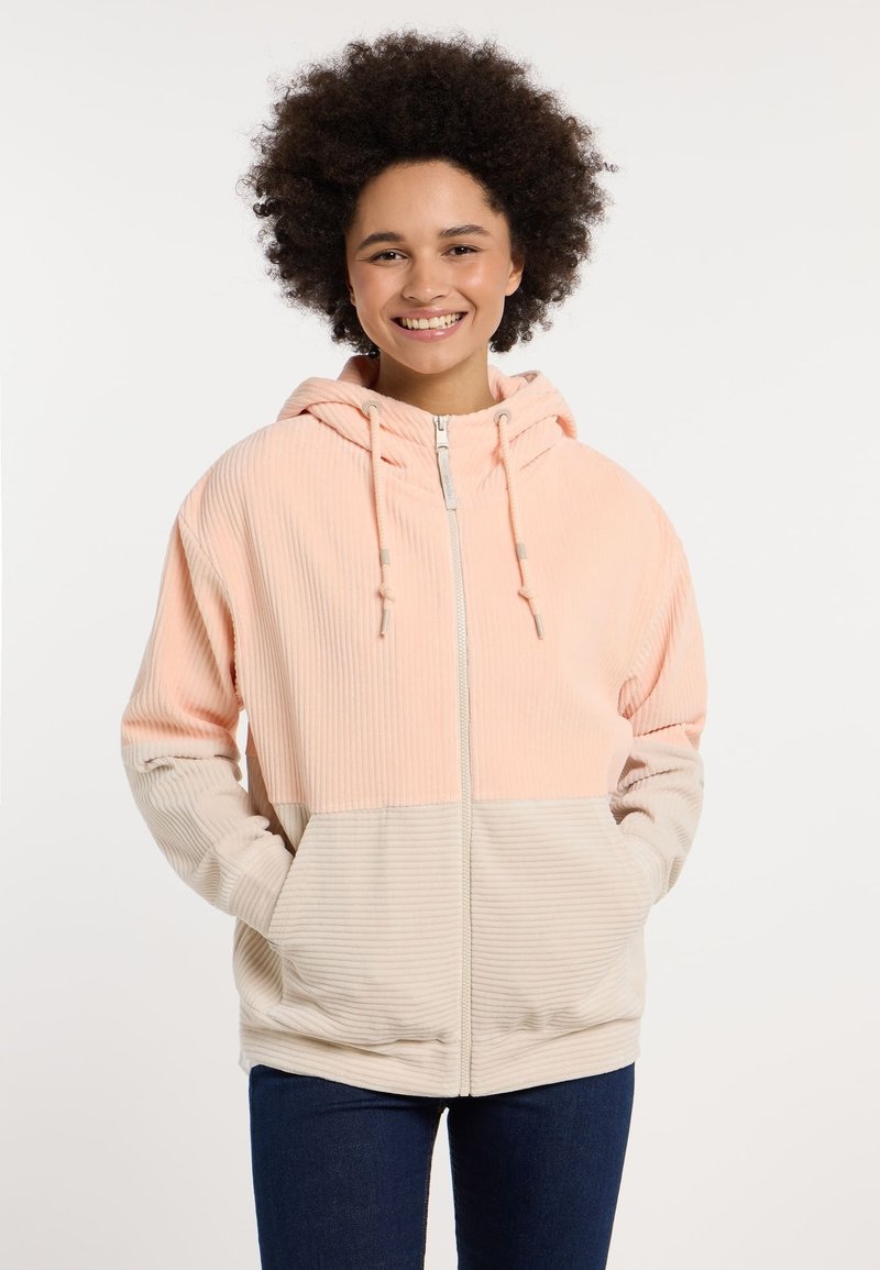 Gevoerde jas met een ritssluiting. Beschikt over een geribbelde textuur in roze en beige secties. Voorzakken inbegrepen, met verstelbare koordjes.