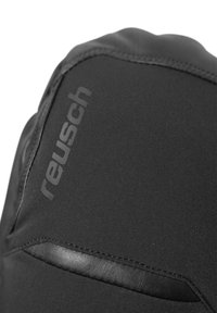 Schwarze Sporthandschuhe mit einem glatten Textilkörper und Lederakzenten. Die Marke „reusch“ ist in Grau auf der Oberfläche angezeigt.