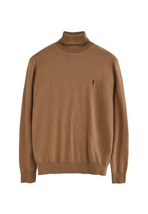 Pull col roulé marron fabriqué en tissu doux et texturé, doté d'une coupe ajustée et d'un petit logo noir sur le côté gauche de la poitrine.